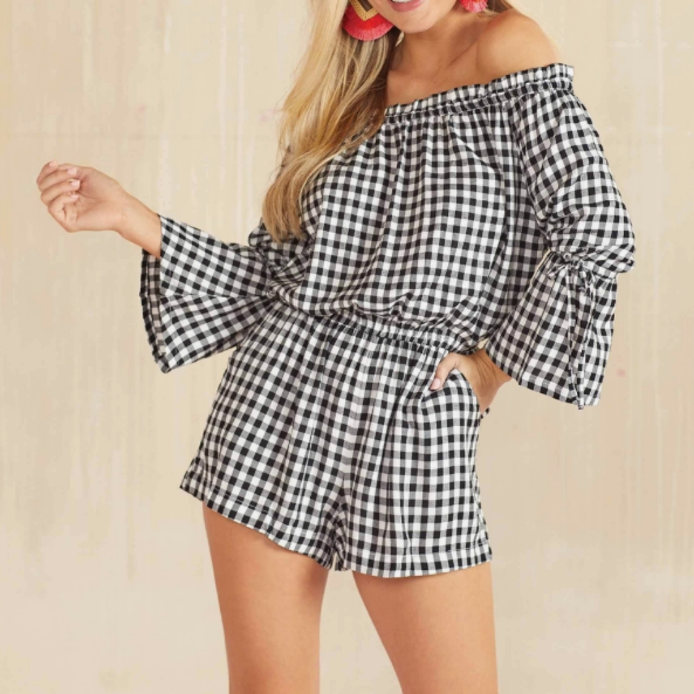 MUDPIE Camden Gingham Off the Shoulder Romper Sz S